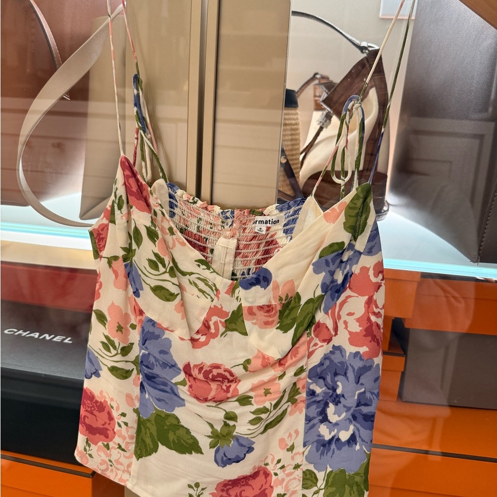 Reformation White Floral Cowl Tank with Pink, Blue & Green Print